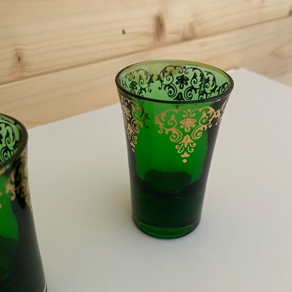 Vintage Emerald Green Gold Accent Shot Glasses Mid Century Barware Retro